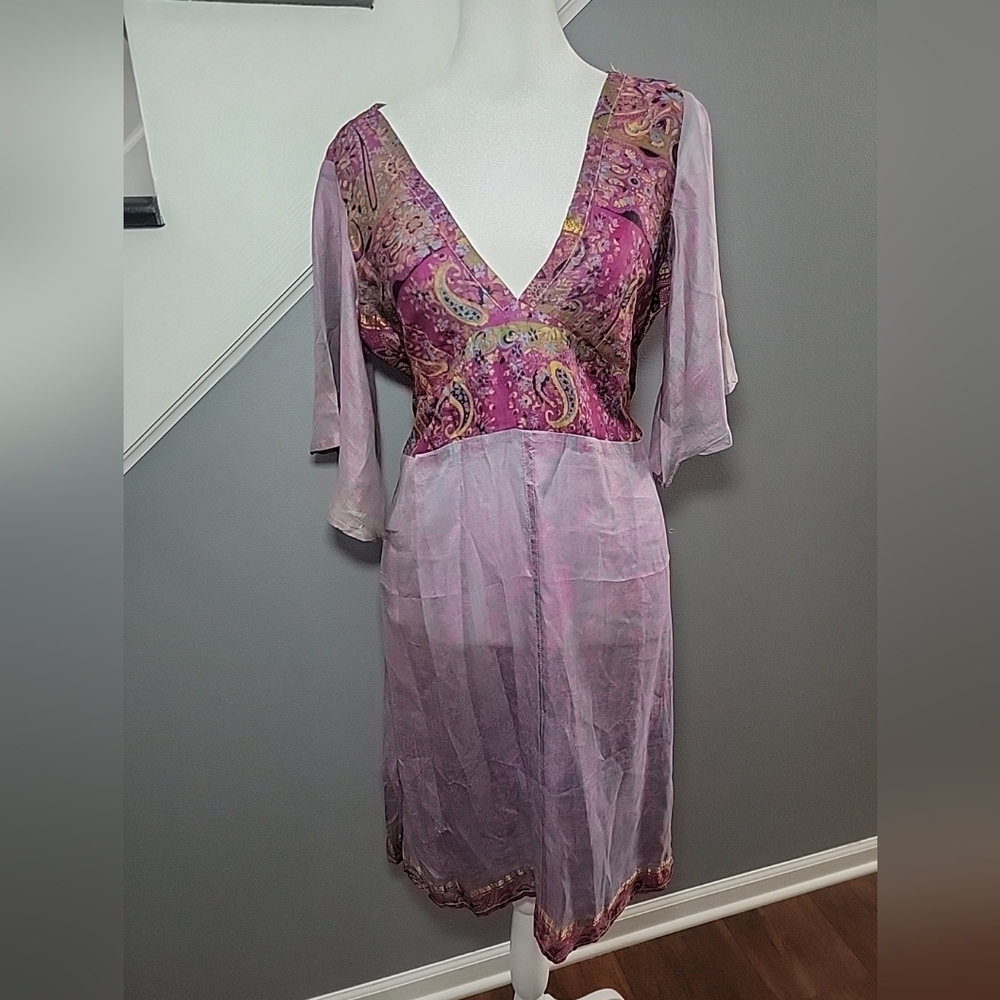 Unique Uttam London Size M/L Dress Purple Pink Paisley Delicate 100% Silk Dress